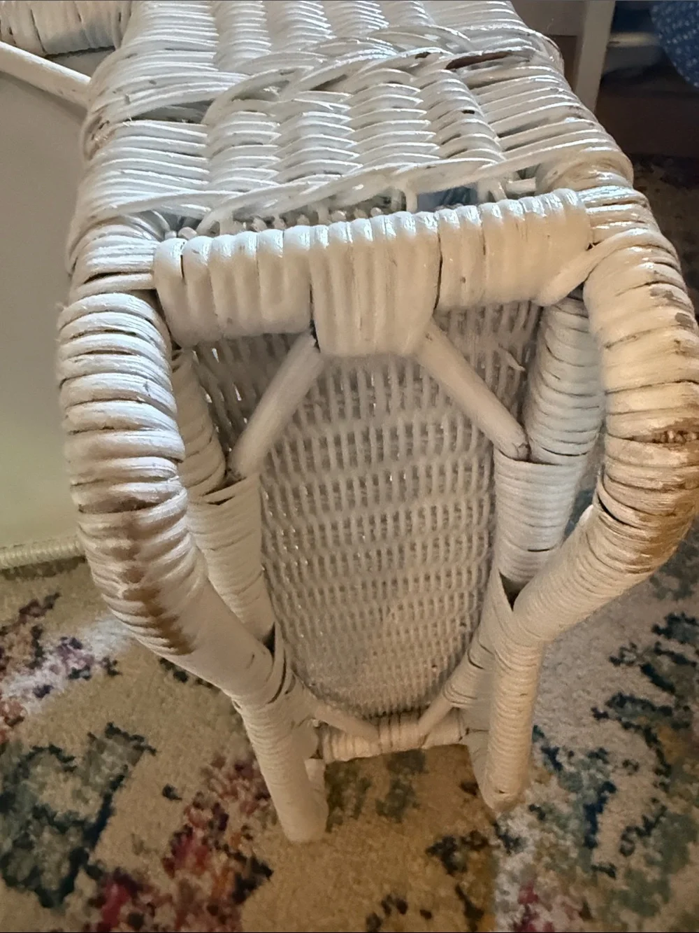 Vintage White Wicker Tray Table with Side Storage.